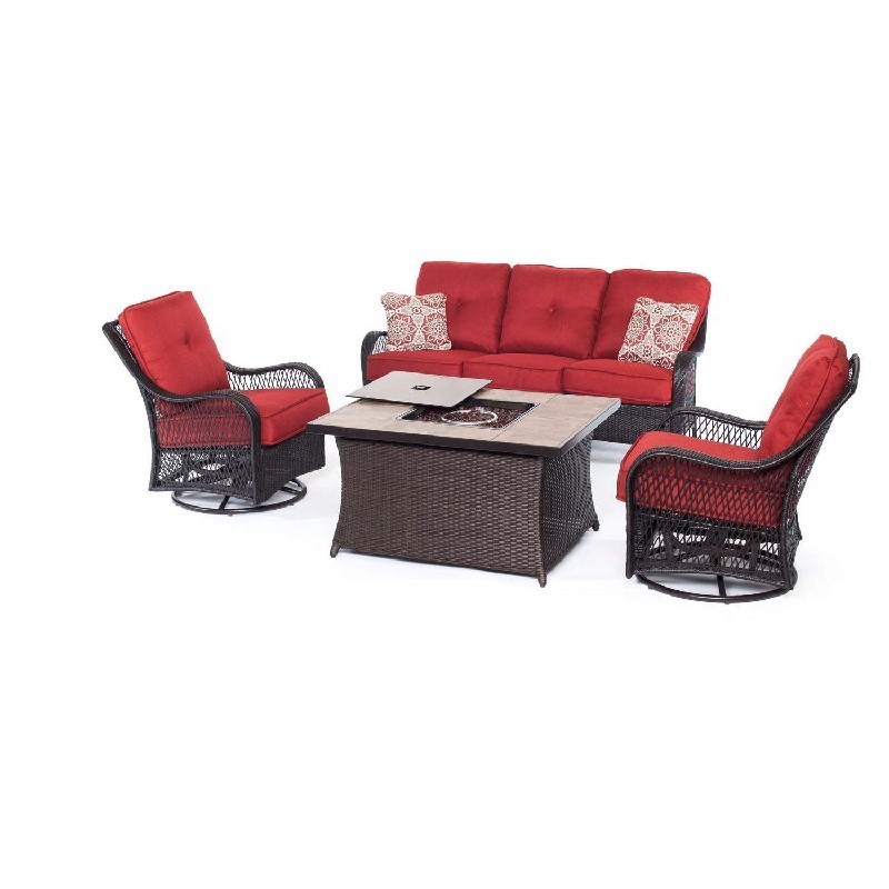 HANOVER ORLEANS4PCFP-BRY-B ORLEANS 4-PIECE WOVEN LOUNGE SET WITH NATURAL STONE FIRE PIT TABLE IN AUTUMN BERRY, MELROSE PILLOW PATTERN