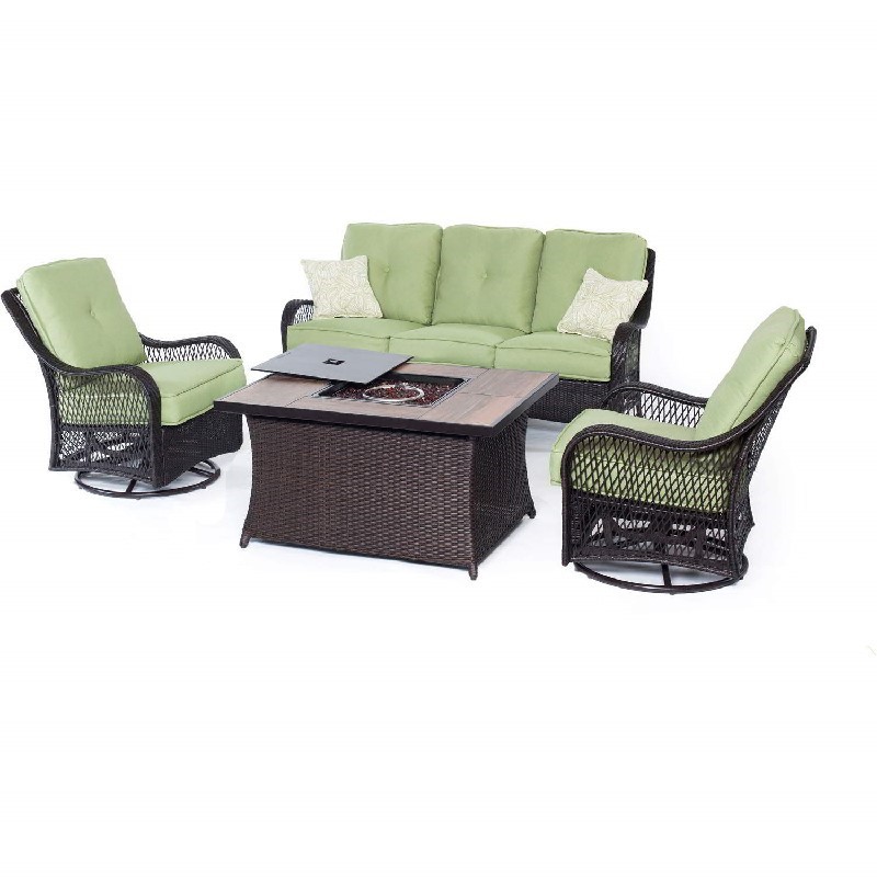 HANOVER ORLEANS4PCFP-GRN-A ORLEANS 4-PIECE WOVEN LOUNGE SET WITH GLAZED FAUX-WOOD TILES FIRE PIT TABLE IN AVOCADO GREEN, GREEN JASMINE PILLOW PATTERN