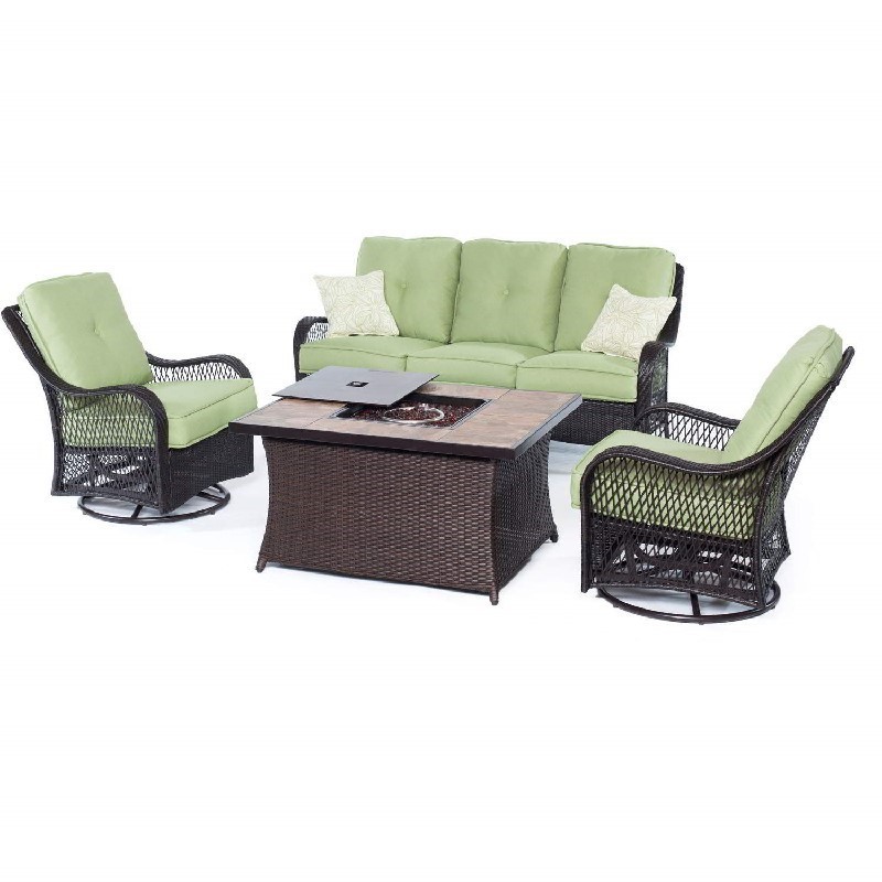 HANOVER ORLEANS4PCFP-GRN-B ORLEANS 4-PIECE WOVEN LOUNGE SET WITH NATURAL STONE FIRE PIT TABLE IN AVOCADO GREEN, GREEN JASMINE PILLOW PATTERN