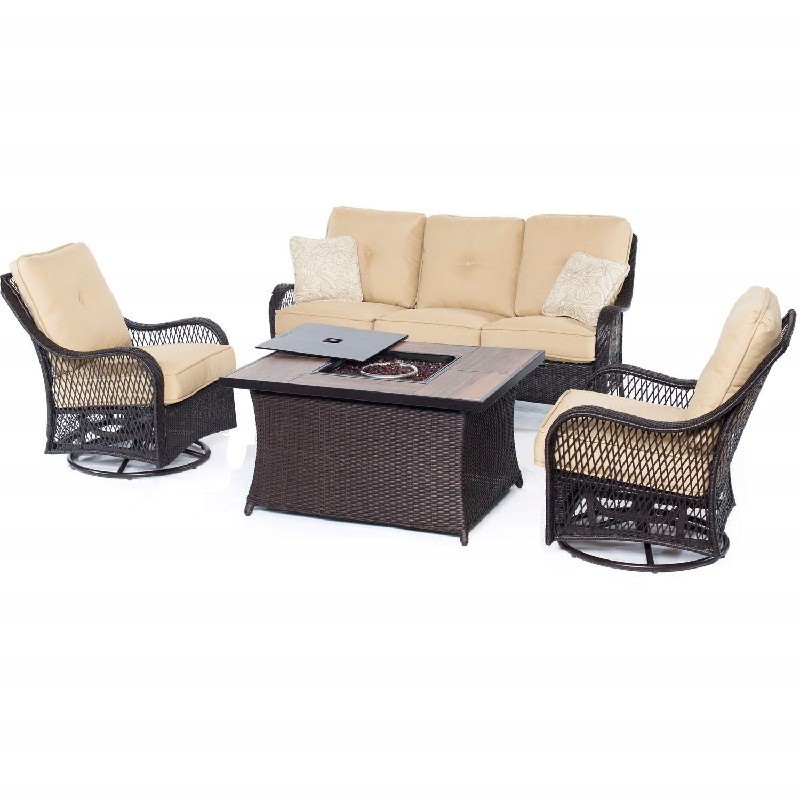 HANOVER ORLEANS4PCFP-TAN-A ORLEANS 4-PIECE WOVEN LOUNGE SET WITH GLAZED FAUX-WOOD TILES FIRE PIT TABLE IN SAHARA SAND, BEIGE JASMINE PILLOW PATTERN