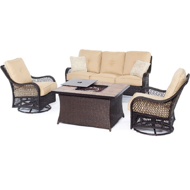 HANOVER ORLEANS4PCFP-TAN-B ORLEANS 4-PIECE WOVEN LOUNGE SET WITH NATURAL STONE FIRE PIT TABLE IN SAHARA SAND, BEIGE JASMINE PILLOW PATTERN