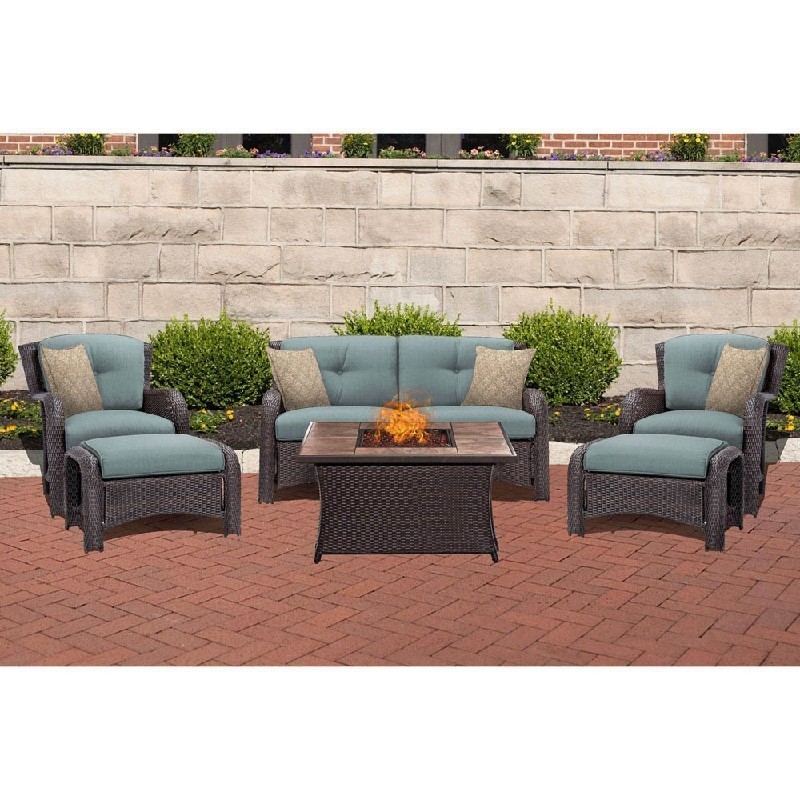HANOVER STRATH6PCFP-BLU-TN STRATHMERE 6-PIECE LOUNGE SET IN OCEAN BLUE WITH NATURAL STONE FIRE PIT TABLE, ORNATE TAPESTRY PILLOW PATTERN