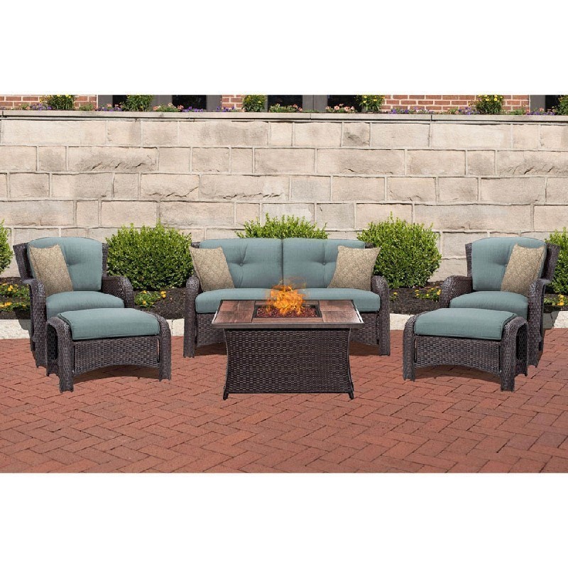 HANOVER STRATH6PCFP-BLU-WG STRATHMERE 6-PIECE LOUNGE SET IN OCEAN BLUE WITH GLAZED FAUX-WOOD TILES FIRE PIT TABLE, ORNATE TAPESTRY PILLOW PATTERN