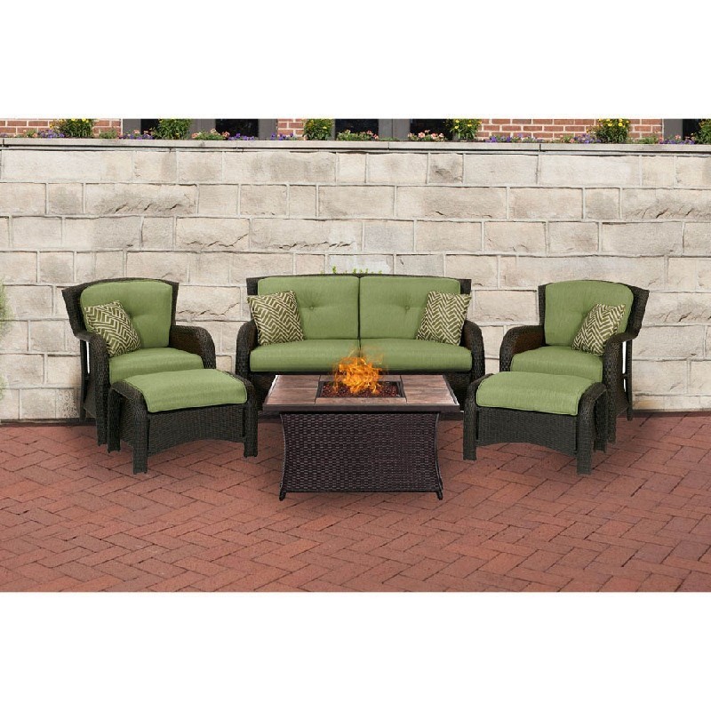 HANOVER STRATH6PCFP-GRN-TN STRATHMERE 6-PIECE LOUNGE SET IN CILANTRO GREEN WITH NATURAL STONE FIRE PIT TABLE, ABSTRACT STRIPE PILLOW PATTERN