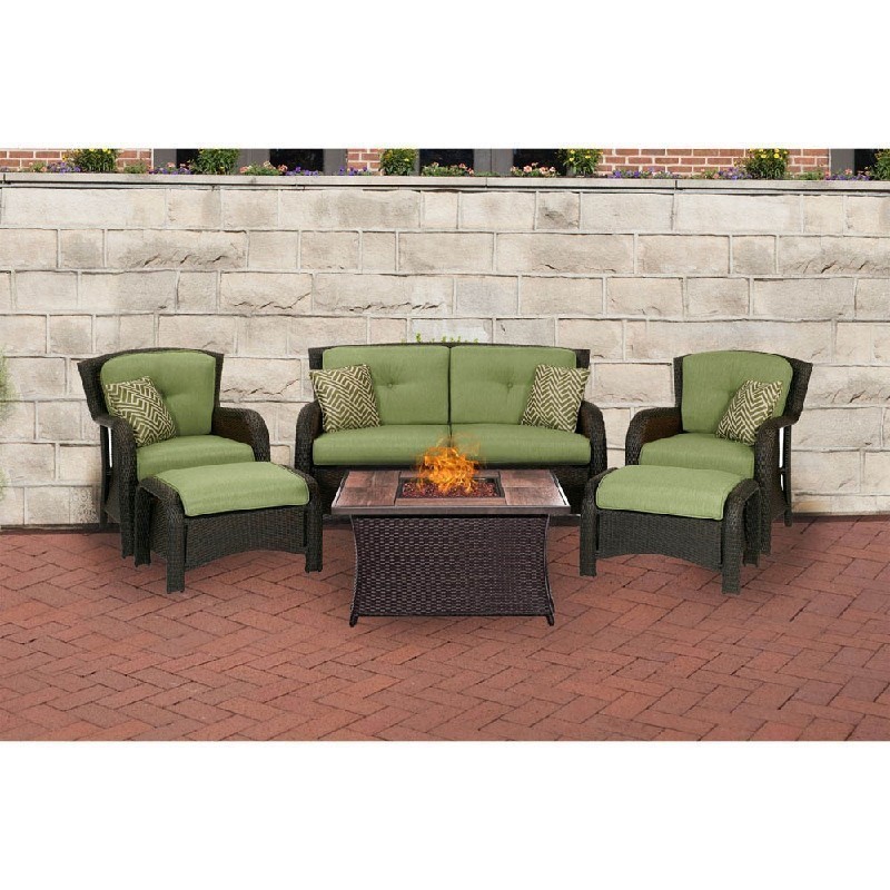 HANOVER STRATH6PCFP-GRN-WG STRATHMERE 6-PIECE LOUNGE SET IN CILANTRO GREEN WITH GLAZED FAUX-WOOD TILES FIRE PIT TABLE, ABSTRACT STRIPE PILLOW PATTERN