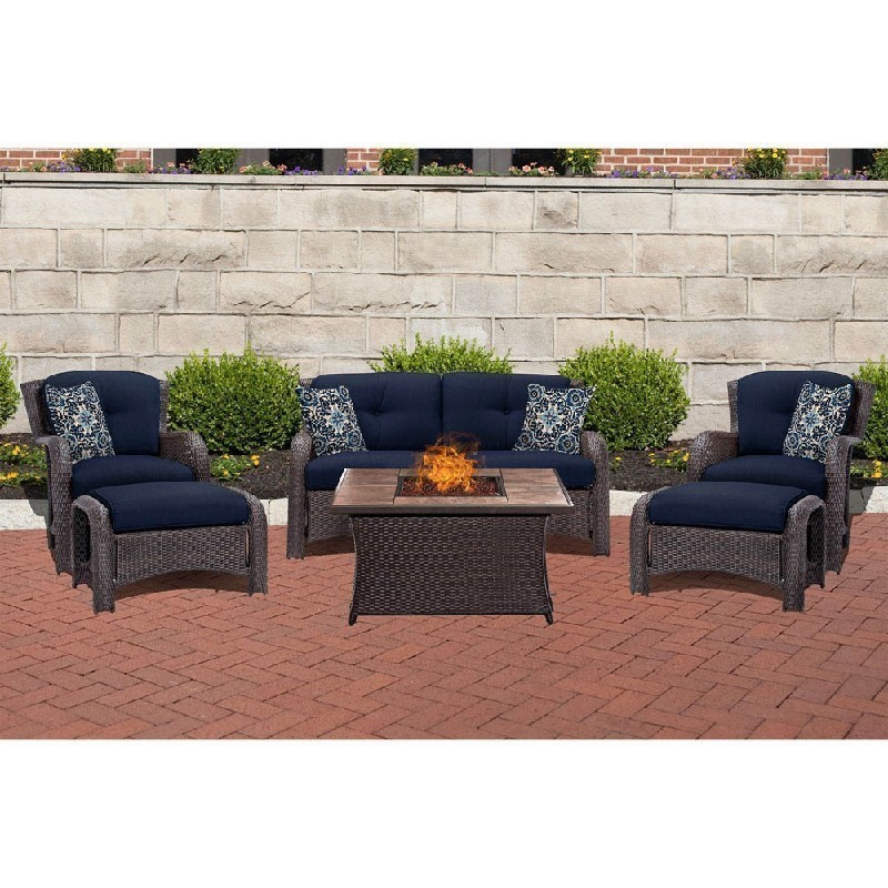 HANOVER STRATH6PCFP-NVY-TN STRATHMERE 6-PIECE LOUNGE SET IN NAVY BLUE WITH NATURAL STONE FIRE PIT TABLE, BLUE KALEIDOSCOPE PILLOW PATTERN