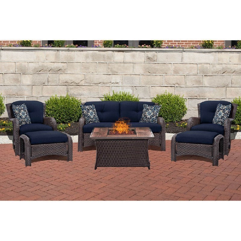 HANOVER STRATH6PCFP-NVY-WG STRATHMERE 6-PIECE LOUNGE SET IN NAVY BLUE WITH GLAZED FAUX-WOOD TILES FIRE PIT TABLE, BLUE KALEIDOSCOPE PILLOW PATTERN