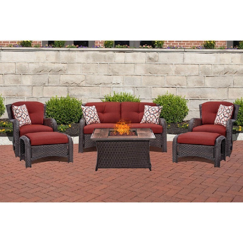 HANOVER STRATH6PCFP-RED-WG STRATHMERE 6-PIECE LOUNGE SET IN CRIMSON RED WITH GLAZED FAUX-WOOD FIRE PIT TABLE, POPPY RED PILLOW PATTERN