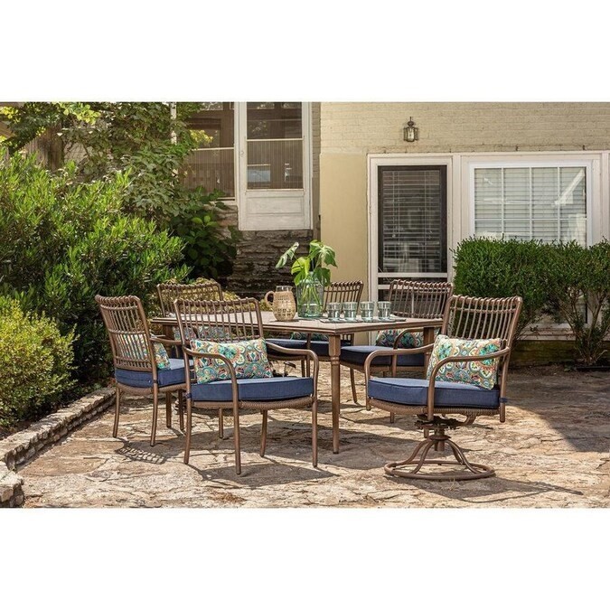 HANOVER SUMDN7PCSW2-NVY SUMMERLAND 7-PIECE OUTDOOR DINING SET WITH 4 STATIONARY CHAIRS, 2 SWIVEL ROCKERS AND 68 INCH X 40 INCH FAUX-WOOD TABLE - NAVY BLUE