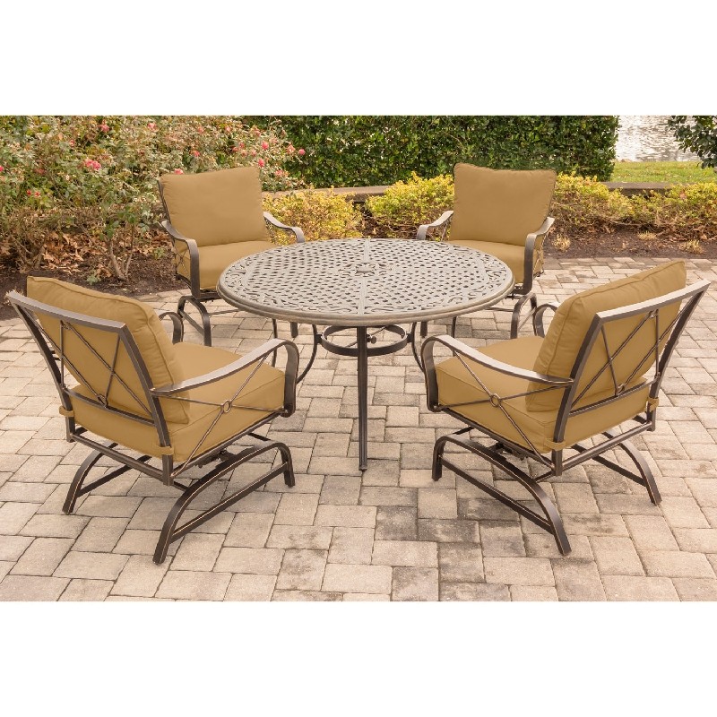 HANOVER SUMRNGTDN5PCCST SUMMER NIGHTS 5-PIECE DINING SET WITH FOUR CUSHIONED ROCKERS AND 48 INCH CAST-TOP TABLE - OIL RUBBED BRONZE