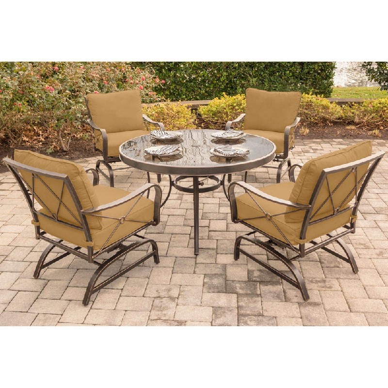 HANOVER SUMRNGTDN5PCG SUMMER NIGHTS 5-PIECE DINING SET WITH FOUR CUSHIONED ROCKERS AND 48 INCH GLASS-TOP TABLE - OIL RUBBED BRONZE