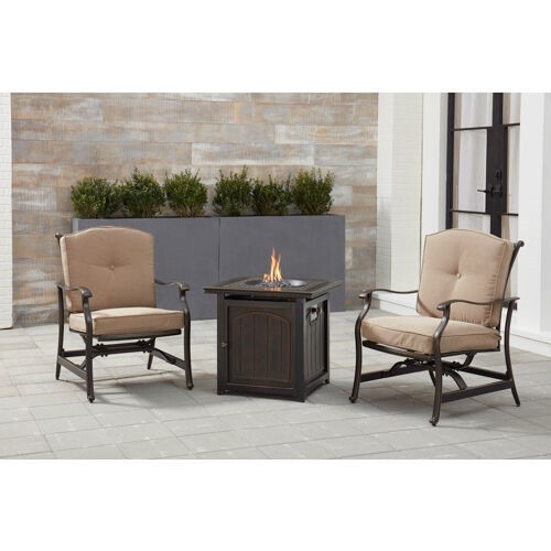 HANOVER TRAD3PCFPSQ TRADITIONS 3-PIECE FIRE PIT CHAT SET WITH 2 CUSHIONED ROCKERS AND 26 INCH SQUARE FIRE PIT SIDE TABLE