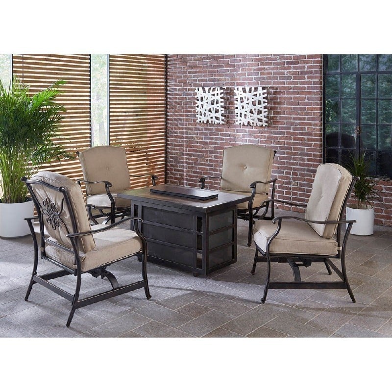 HANOVER TRAD5PCRECFP-TAN TRADITIONS 5-PIECE SEATING SET IN TAN WITH 30,000 BTU FIRE PIT TABLE - OIL RUBBED BRONZE