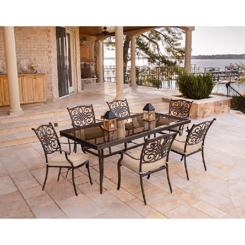 HANOVER TRADDN7 TRADITIONS 7-PIECE DINING SET WITH EXTRA LARGE GLASS-TOP DINING TABLE