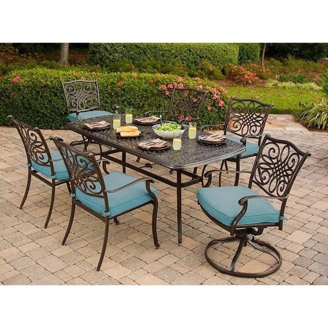 HANOVER TRADDN7PCSW-BLU-HD TRADITIONS 7-PIECE ALUMINUM RECTANGULAR OUTDOOR DINING SET WITH 2 SWIVEL CHAIRS, PROTECTIVE COVER, BLUE CUSHIONS - OIL-RUBBED BRONZE