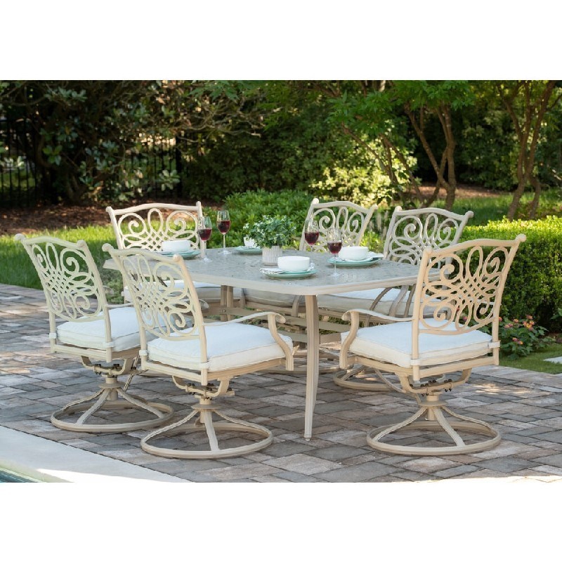 HANOVER TRADDNSD7PCSW6-BE TRADITIONS 7-PIECE DINING SET WITH 6 SWIVEL CHAIRS AND 72 INCH CAST-TOP DINING TABLE - SAND