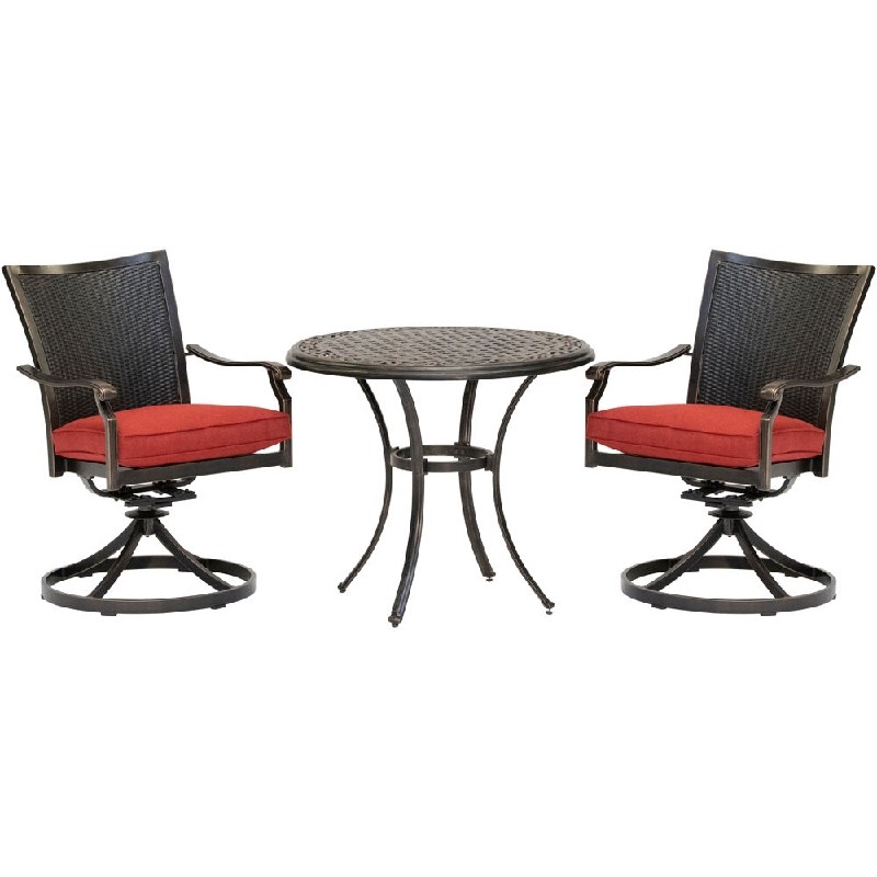 HANOVER TRADDNWB3PCSWC TRADITIONS 3-PIECE DINING SET WITH 2 WICKER BACK SWIVEL ROCKERS AND 32 INCH ROUND CAST TOP TABLE