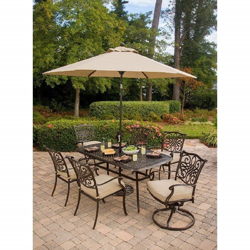 HANOVER TRADITIONS7PCSW-SU TRADITIONS 7-PIECE DINING SET WITH 72 INCH DINING TABLE AND 9 FEET TABLE UMBRELLA WITH STAND - OIL RUBBED BRONZE