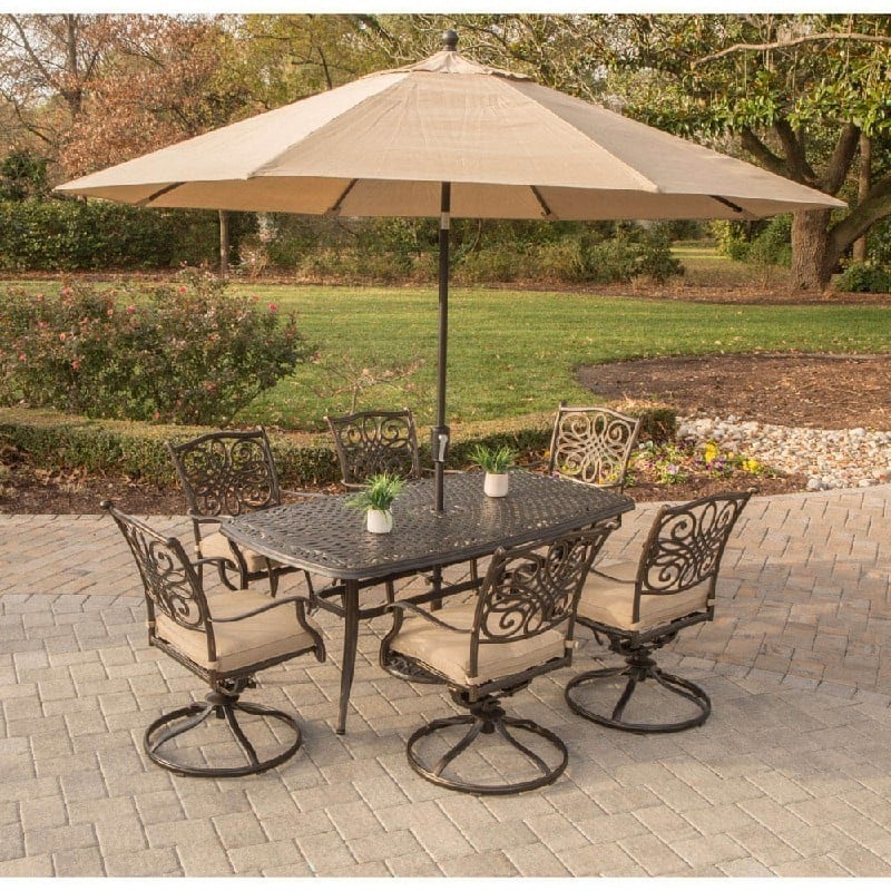 HANOVER TRADITIONS7PCSW6-SU TRADITIONS 7-PIECE DINING SET IN TAN WITH 72 INCH DINING TABLE AND 9 FEET TABLE UMBRELLA WITH STAND - OIL RUBBED BRONZE