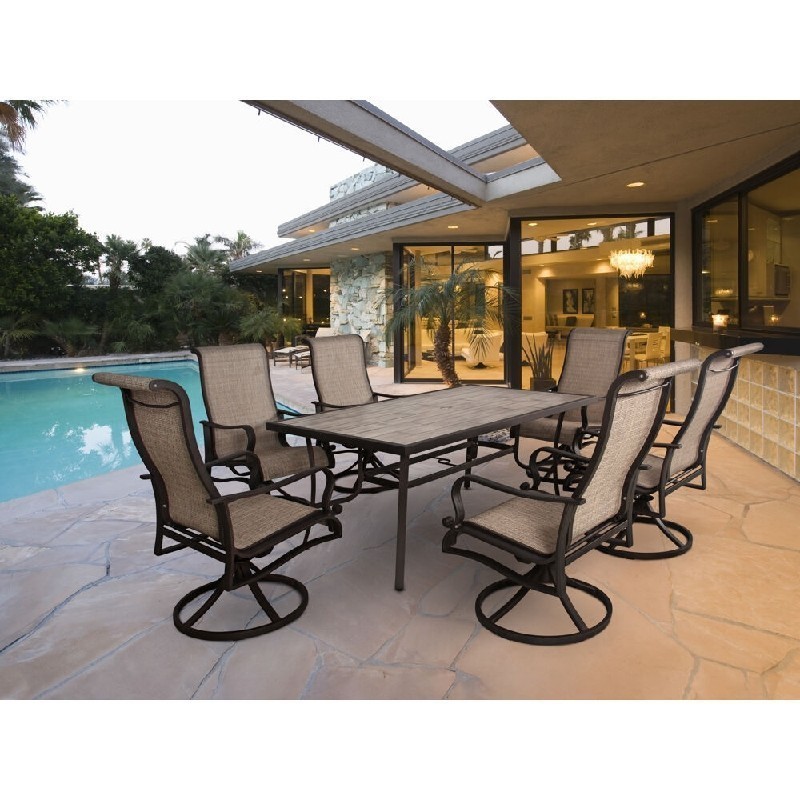 HANOVER VENDN7PCSW-6 VENICE 7-PIECE DINING SET WITH 6 SLING SWIVEL ROCKER CHAIRS AND 66 INCH ALUMINUM SLAT TOP TABLE