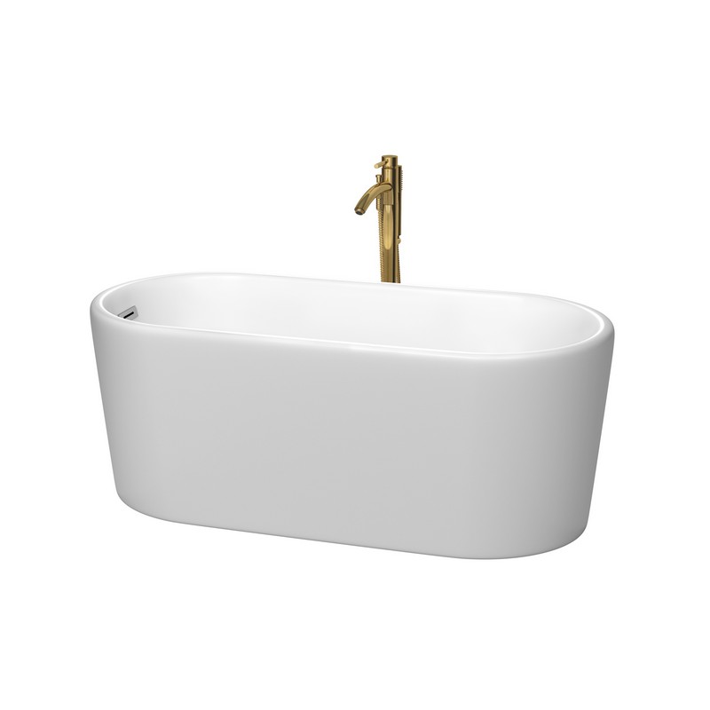WYNDHAM COLLECTION WCBTE301159MWPCATPGD URSULA 59 INCH FREESTANDING BATHTUB IN MATTE WHITE WITH POLISHED CHROME TRIM AND FLOOR MOUNTED FAUCET IN BRUSHED GOLD
