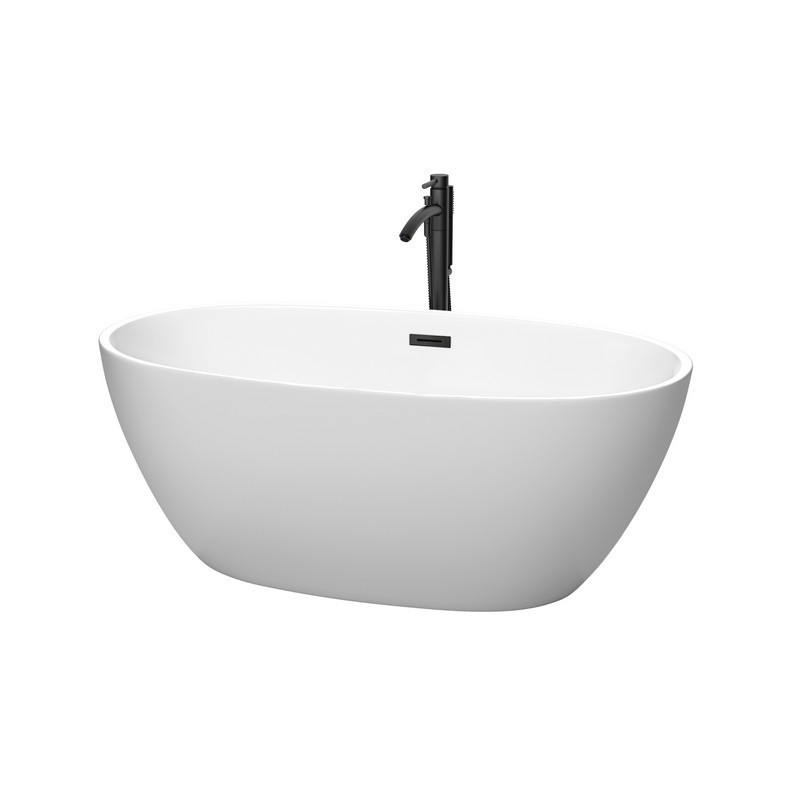 WYNDHAM COLLECTION WCBTE306159MWMBATPBK JUNO 59 INCH FREESTANDING BATHTUB IN MATTE WHITE WITH FLOOR MOUNTED FAUCET, DRAIN AND OVERFLOW TRIM IN MATTE BLACK
