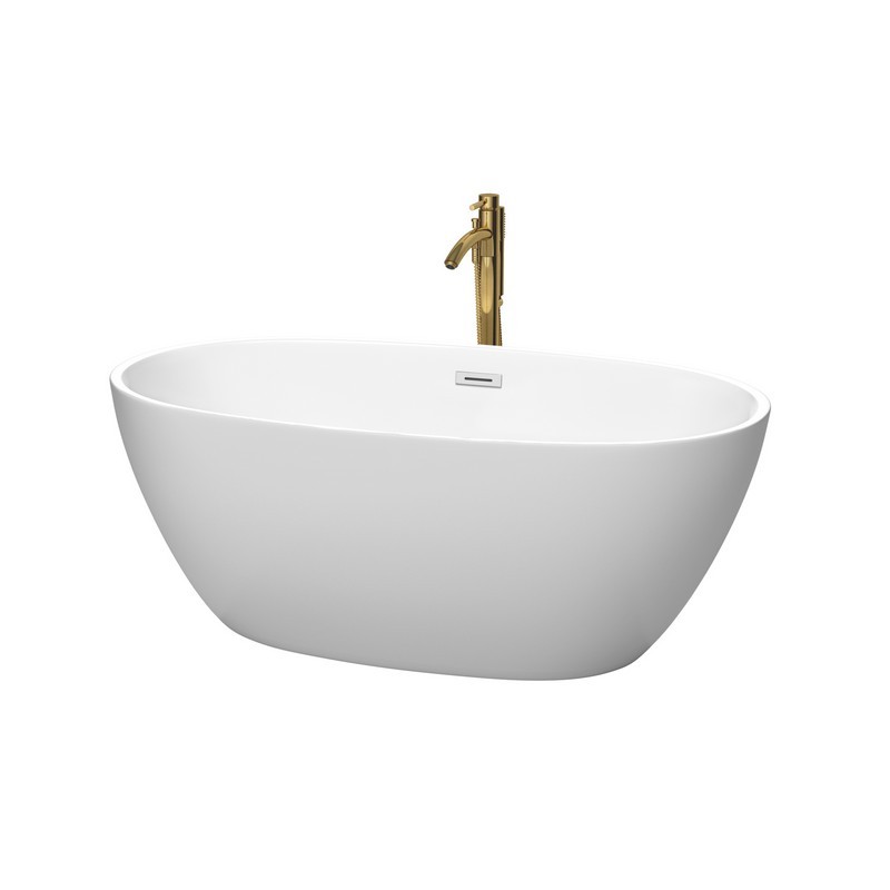 WYNDHAM COLLECTION WCBTE306159MWPCATPGD JUNO 59 INCH FREESTANDING BATHTUB IN MATTE WHITE WITH POLISHED CHROME TRIM AND FLOOR MOUNTED FAUCET IN BRUSHED GOLD