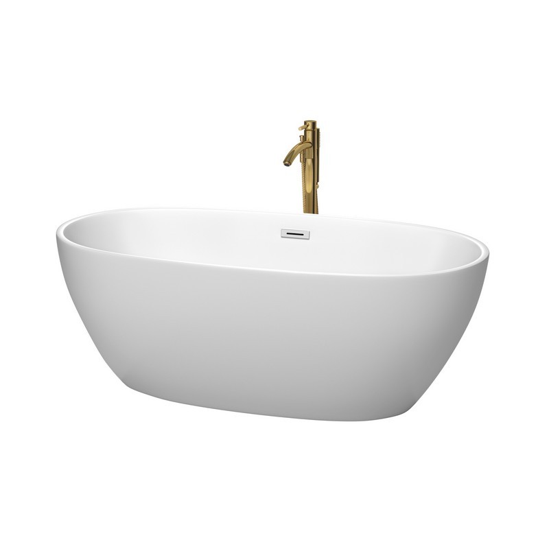 WYNDHAM COLLECTION WCBTE306163MWPCATPGD JUNO 63 INCH FREESTANDING BATHTUB IN MATTE WHITE WITH POLISHED CHROME TRIM AND FLOOR MOUNTED FAUCET IN BRUSHED GOLD