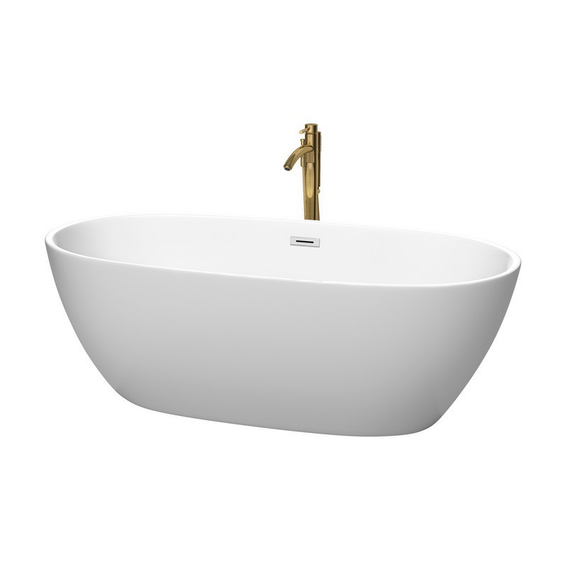 WYNDHAM COLLECTION WCBTE306167MWPCATPGD JUNO 67 INCH FREESTANDING BATHTUB IN MATTE WHITE WITH POLISHED CHROME TRIM AND FLOOR MOUNTED FAUCET IN BRUSHED GOLD
