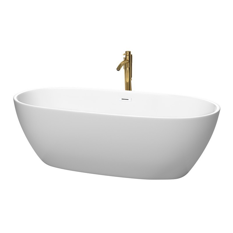 WYNDHAM COLLECTION WCBTE306171MWSWATPGD JUNO 71 INCH FREESTANDING BATHTUB IN MATTE WHITE WITH SHINY WHITE TRIM AND FLOOR MOUNTED FAUCET IN BRUSHED GOLD