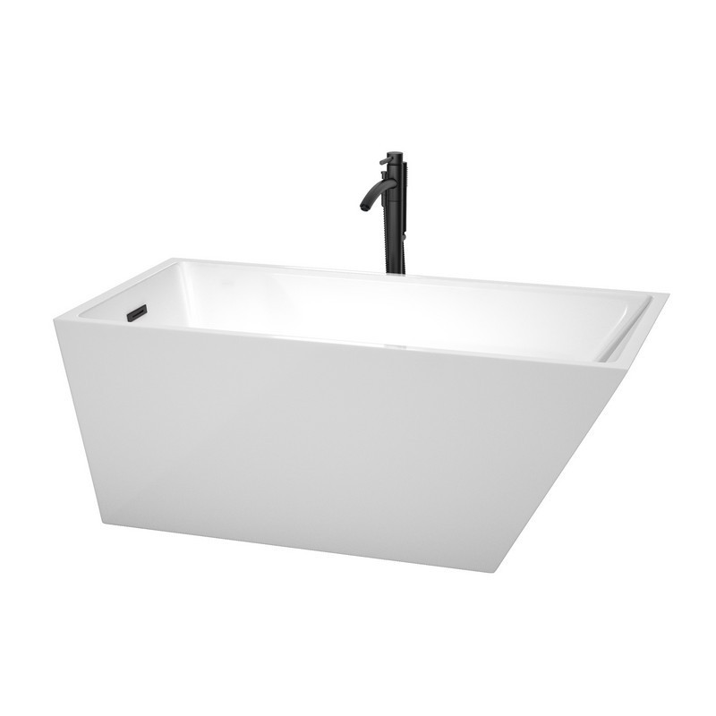WYNDHAM COLLECTION WCBTK150159MBATPBK HANNAH 59 INCH FREESTANDING BATHTUB IN WHITE WITH FLOOR MOUNTED FAUCET, DRAIN AND OVERFLOW TRIM IN MATTE BLACK