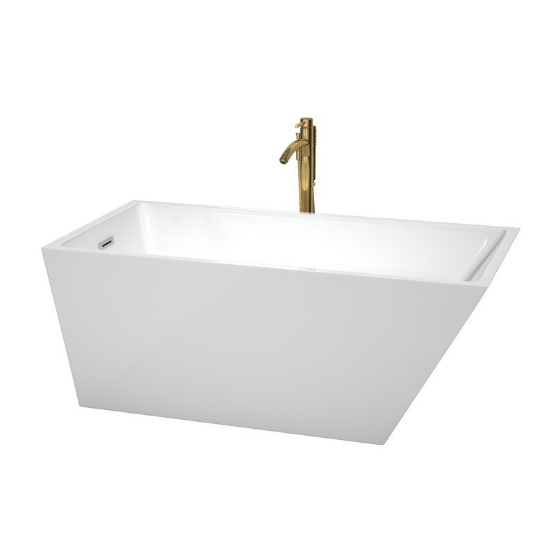 WYNDHAM COLLECTION WCBTK150159PCATPGD HANNAH 59 INCH FREESTANDING BATHTUB IN WHITE WITH POLISHED CHROME TRIM AND FLOOR MOUNTED FAUCET IN BRUSHED GOLD