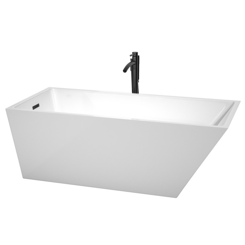 WYNDHAM COLLECTION WCBTK150167MBATPBK HANNAH 67 INCH FREESTANDING BATHTUB IN WHITE WITH FLOOR MOUNTED FAUCET, DRAIN AND OVERFLOW TRIM IN MATTE BLACK