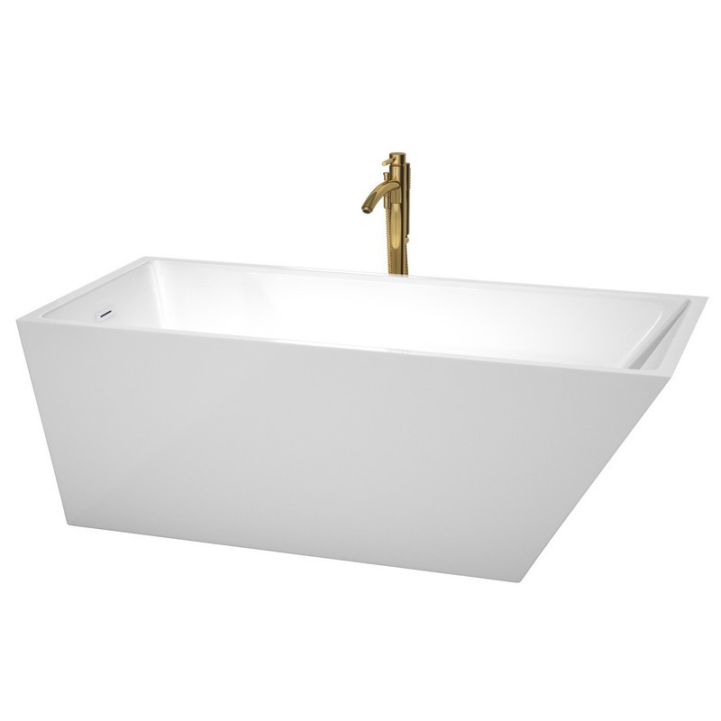WYNDHAM COLLECTION WCBTK150167SWATPGD HANNAH 67 INCH FREESTANDING BATHTUB IN WHITE WITH SHINY WHITE TRIM AND FLOOR MOUNTED FAUCET IN BRUSHED GOLD