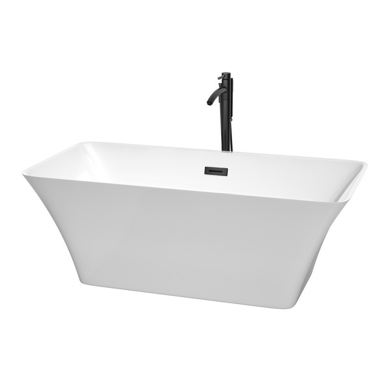 WYNDHAM COLLECTION WCBTK150459MBATPBK TIFFANY 59 INCH FREESTANDING BATHTUB IN WHITE WITH FLOOR MOUNTED FAUCET, DRAIN AND OVERFLOW TRIM IN MATTE BLACK