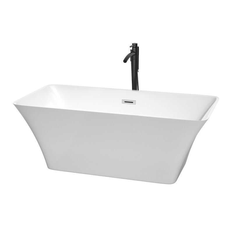 WYNDHAM COLLECTION WCBTK150459PCATPBK TIFFANY 59 INCH FREESTANDING BATHTUB IN WHITE WITH POLISHED CHROME TRIM AND FLOOR MOUNTED FAUCET IN MATTE BLACK