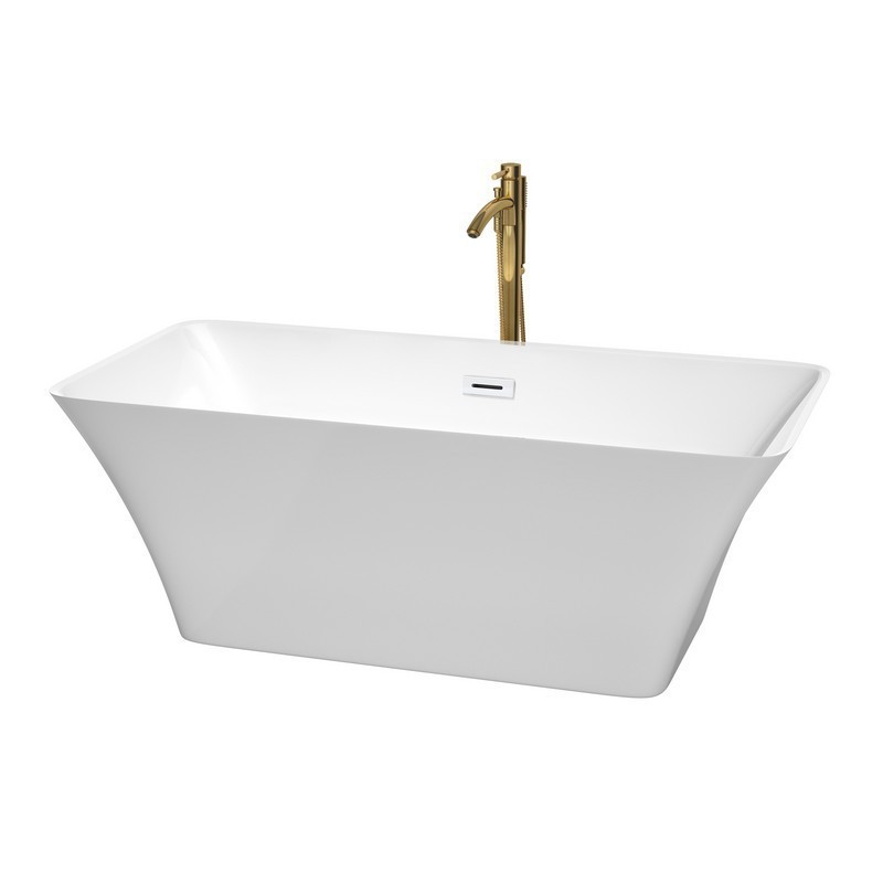 WYNDHAM COLLECTION WCBTK150459SWATPGD TIFFANY 59 INCH FREESTANDING BATHTUB IN WHITE WITH SHINY WHITE TRIM AND FLOOR MOUNTED FAUCET IN BRUSHED GOLD
