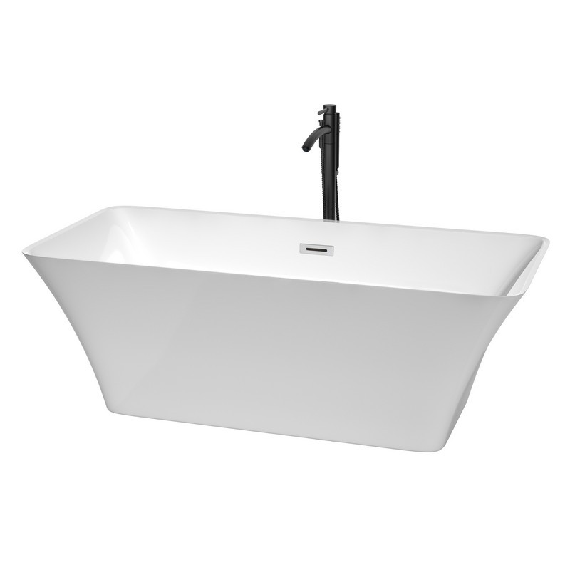 WYNDHAM COLLECTION WCBTK150467PCATPBK TIFFANY 67 INCH FREESTANDING BATHTUB IN WHITE WITH POLISHED CHROME TRIM AND FLOOR MOUNTED FAUCET IN MATTE BLACK