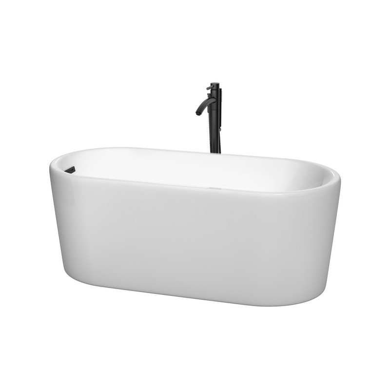 WYNDHAM COLLECTION WCBTK151159MBATPBK URSULA 59 INCH FREESTANDING BATHTUB IN WHITE WITH FLOOR MOUNTED FAUCET, DRAIN AND OVERFLOW TRIM IN MATTE BLACK