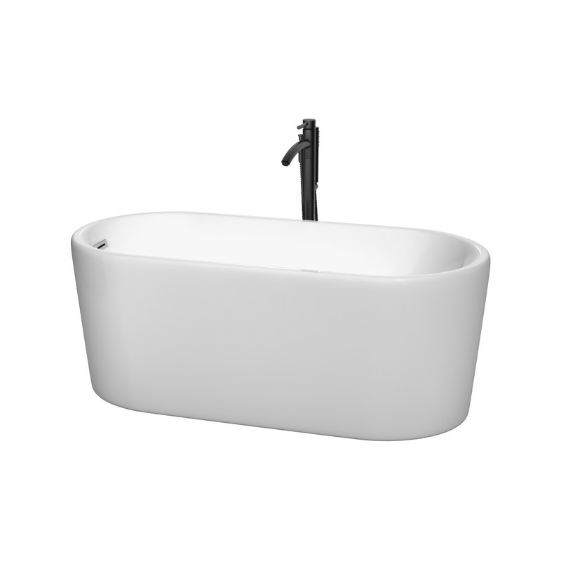 WYNDHAM COLLECTION WCBTK151159PCATPBK URSULA 59 INCH FREESTANDING BATHTUB IN WHITE WITH POLISHED CHROME TRIM AND FLOOR MOUNTED FAUCET IN MATTE BLACK