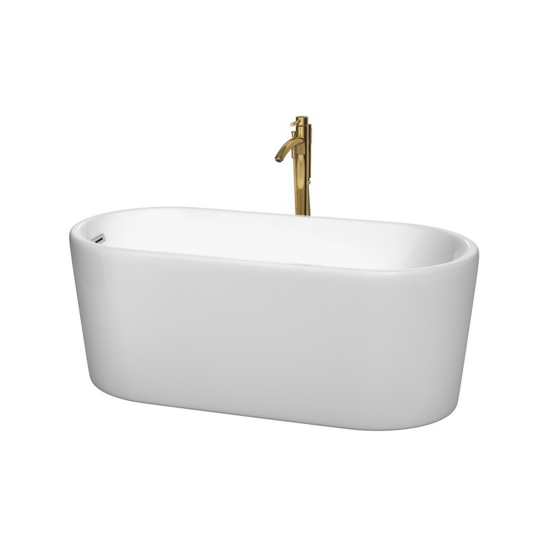 WYNDHAM COLLECTION WCBTK151159PCATPGD URSULA 59 INCH FREESTANDING BATHTUB IN WHITE WITH POLISHED CHROME TRIM AND FLOOR MOUNTED FAUCET IN BRUSHED GOLD