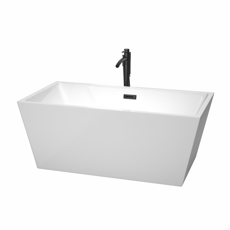 WYNDHAM COLLECTION WCBTK151459MBATPBK SARA 59 INCH FREESTANDING BATHTUB IN WHITE WITH FLOOR MOUNTED FAUCET, DRAIN AND OVERFLOW TRIM IN MATTE BLACK