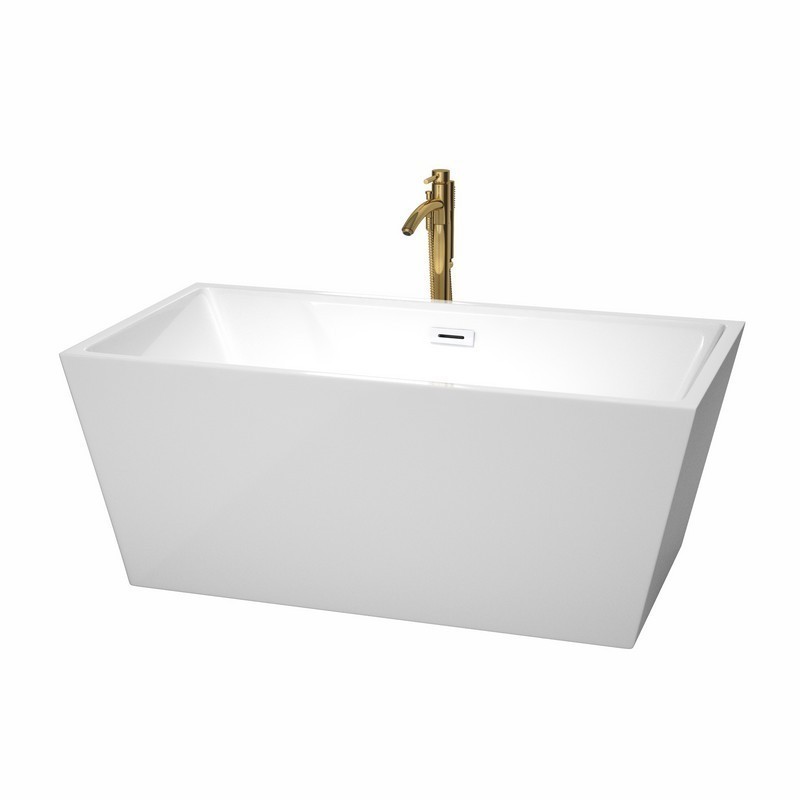WYNDHAM COLLECTION WCBTK151459SWATPGD SARA 59 INCH FREESTANDING BATHTUB IN WHITE WITH SHINY WHITE TRIM AND FLOOR MOUNTED FAUCET IN BRUSHED GOLD