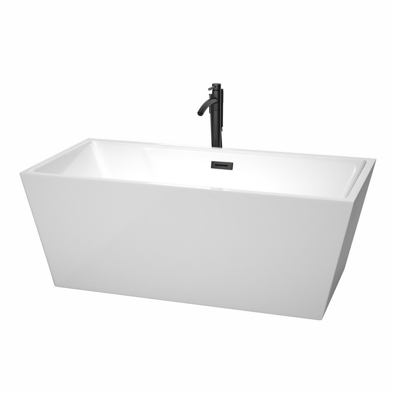 WYNDHAM COLLECTION WCBTK151463MBATPBK SARA 63 INCH FREESTANDING BATHTUB IN WHITE WITH FLOOR MOUNTED FAUCET, DRAIN AND OVERFLOW TRIM IN MATTE BLACK