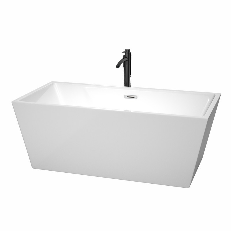 WYNDHAM COLLECTION WCBTK151463PCATPBK SARA 63 INCH FREESTANDING BATHTUB IN WHITE WITH POLISHED CHROME TRIM AND FLOOR MOUNTED FAUCET IN MATTE BLACK