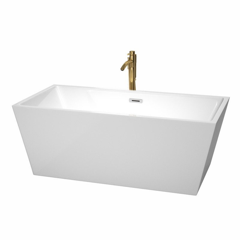 WYNDHAM COLLECTION WCBTK151463PCATPGD SARA 63 INCH FREESTANDING BATHTUB IN WHITE WITH POLISHED CHROME TRIM AND FLOOR MOUNTED FAUCET IN BRUSHED GOLD