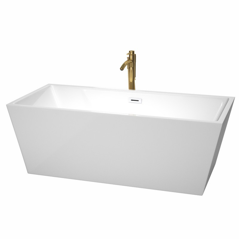 WYNDHAM COLLECTION WCBTK151467SWATPGD SARA 67 INCH FREESTANDING BATHTUB IN WHITE WITH SHINY WHITE TRIM AND FLOOR MOUNTED FAUCET IN BRUSHED GOLD