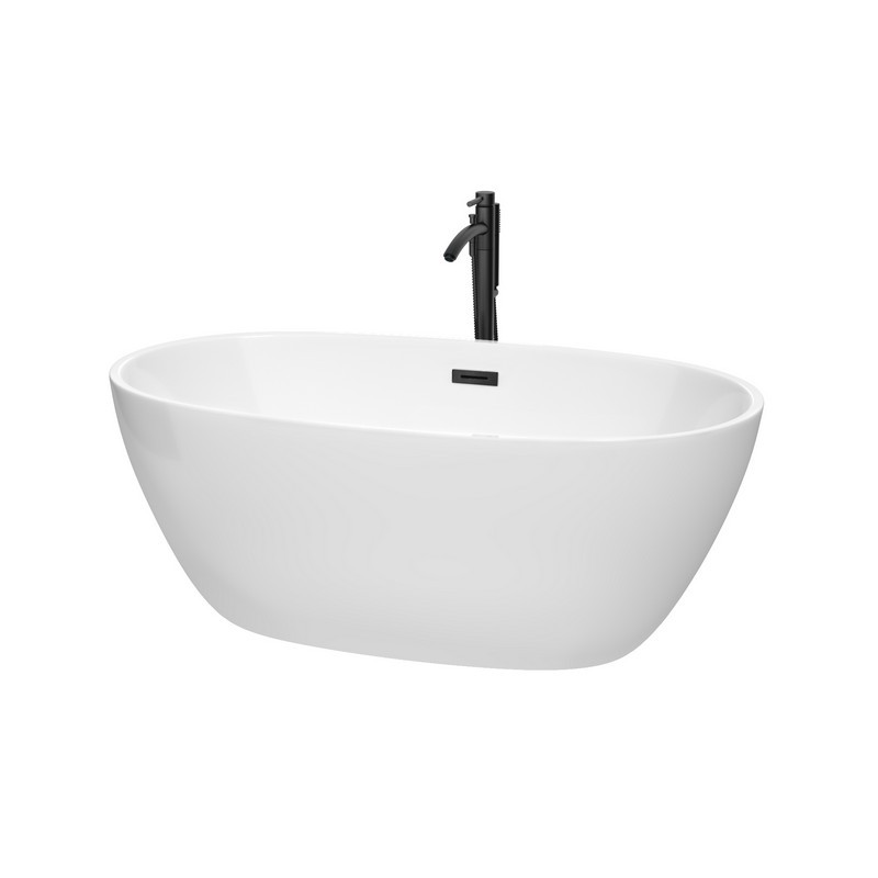 WYNDHAM COLLECTION WCBTK156159MBATPBK JUNO 59 INCH FREESTANDING BATHTUB IN WHITE WITH FLOOR MOUNTED FAUCET, DRAIN AND OVERFLOW TRIM IN MATTE BLACK