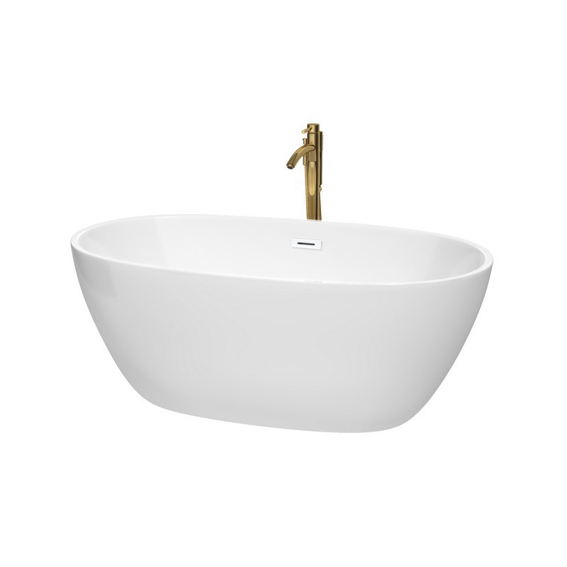 WYNDHAM COLLECTION WCBTK156159SWATPGD JUNO 59 INCH FREESTANDING BATHTUB IN WHITE WITH SHINY WHITE TRIM AND FLOOR MOUNTED FAUCET IN BRUSHED GOLD