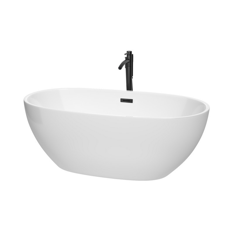 WYNDHAM COLLECTION WCBTK156163MBATPBK JUNO 63 INCH FREESTANDING BATHTUB IN WHITE WITH FLOOR MOUNTED FAUCET, DRAIN AND OVERFLOW TRIM IN MATTE BLACK